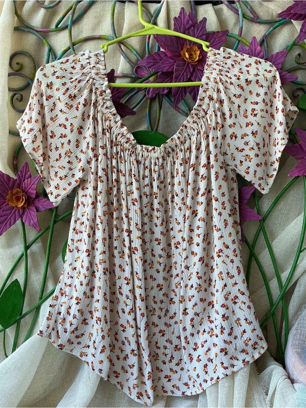 Rewind Ivory Peasant Top with Rust Floral Print